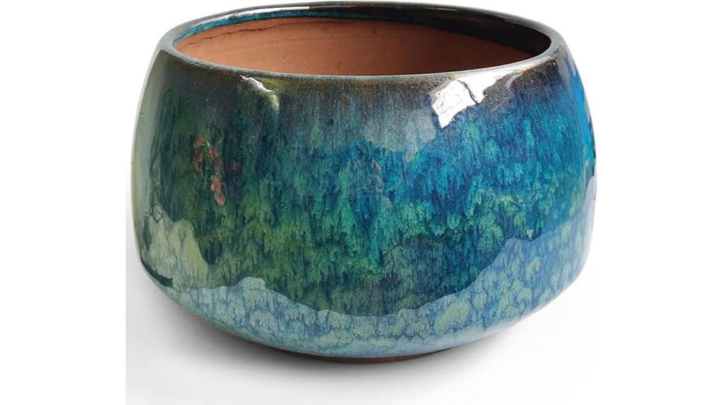 blue green glazed plant pot